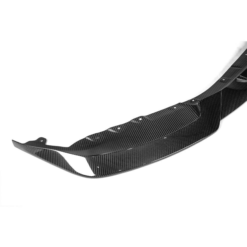 Close view of the underside and end of a front lip.