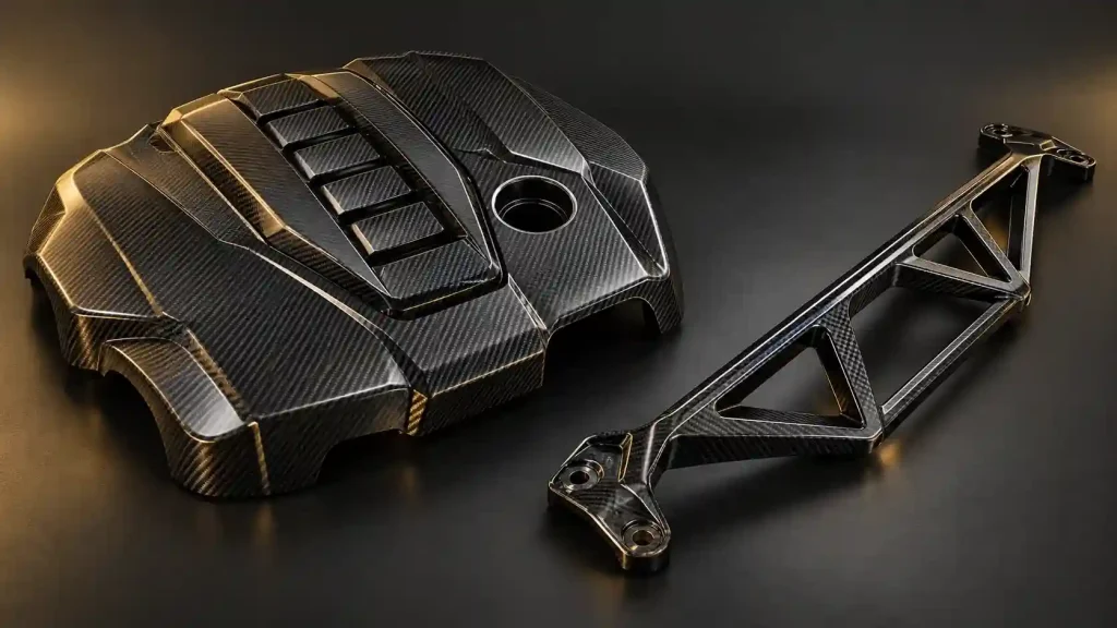 Illustration comparing a decorative carbon engine cover with a separate engine-bay brace.