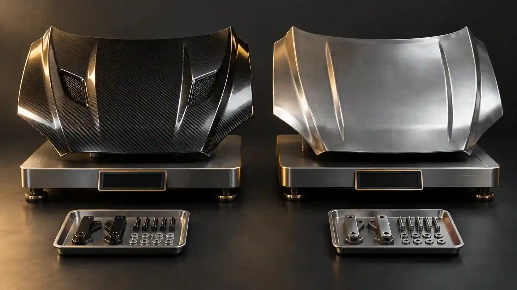 Illustration of carbon and metal hoods on separate scales with matching hardware trays.