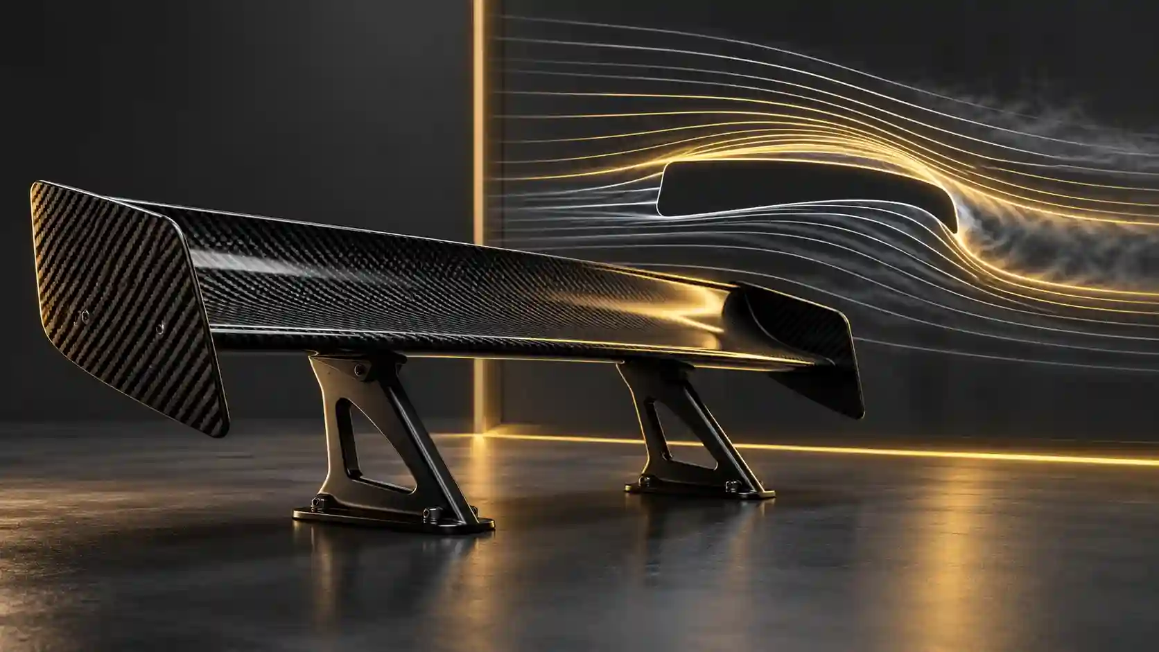 Illustration of a carbon rear wing beside an abstract airflow display without measured results.