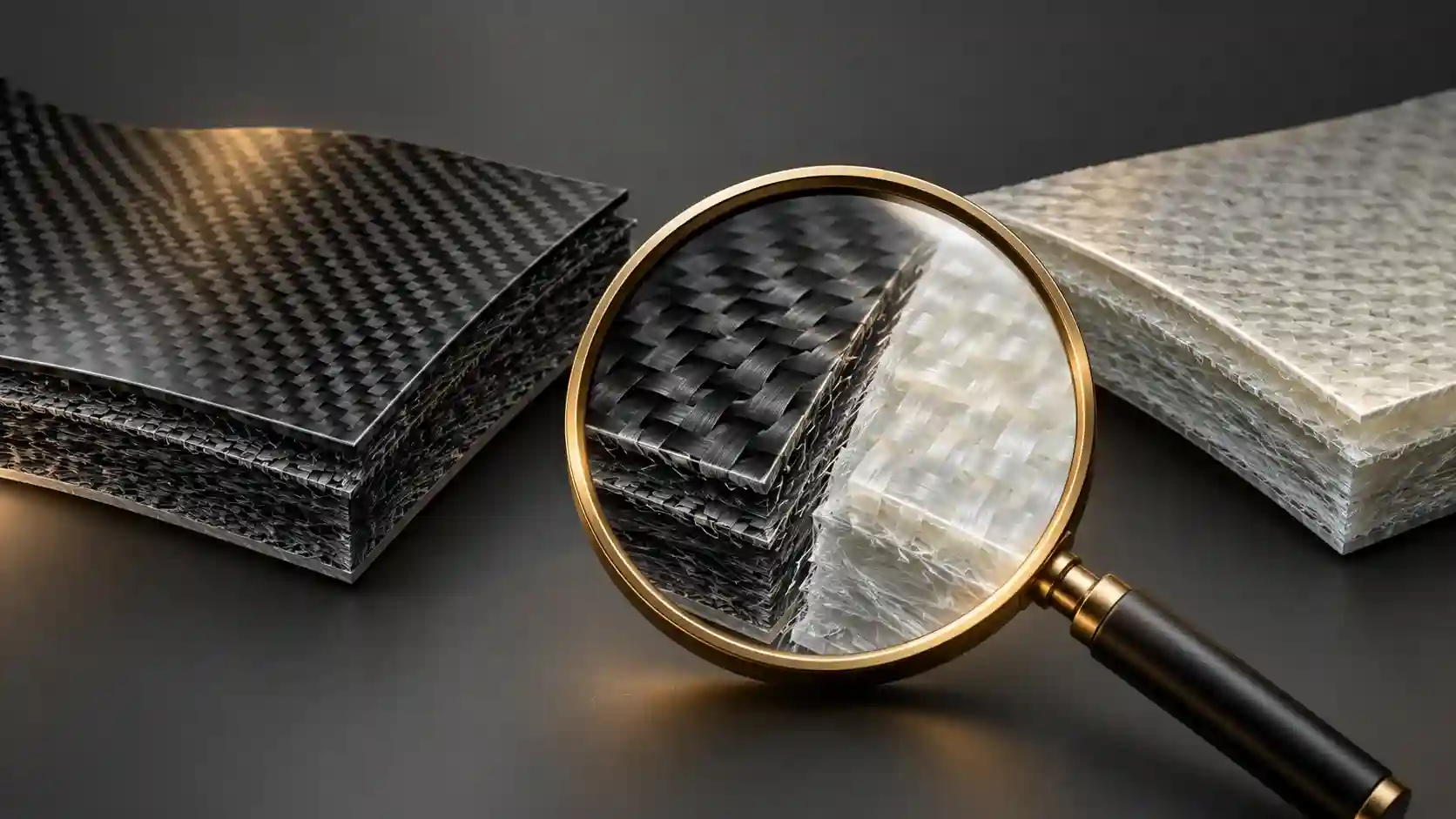 Illustration of carbon panel sections with different backing appearances beside a magnifier.