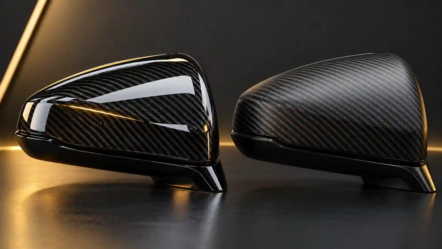 Illustration comparing gloss and matte carbon mirror caps under controlled lighting.