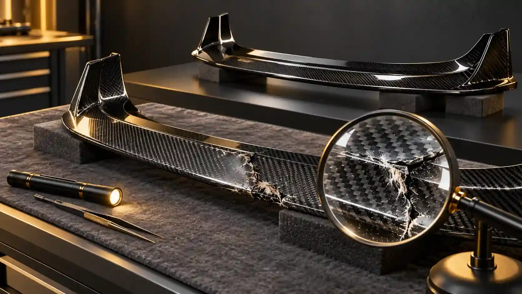 Illustration of a damaged carbon front lip on an inspection table beside a replacement part.