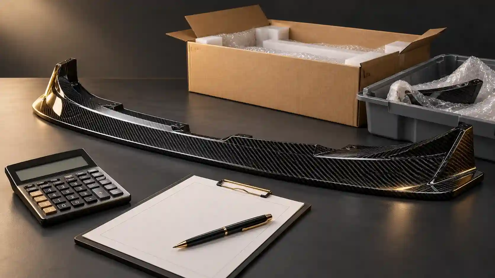 Illustration of a carbon front lip, calculator, cost worksheet and returns tray.