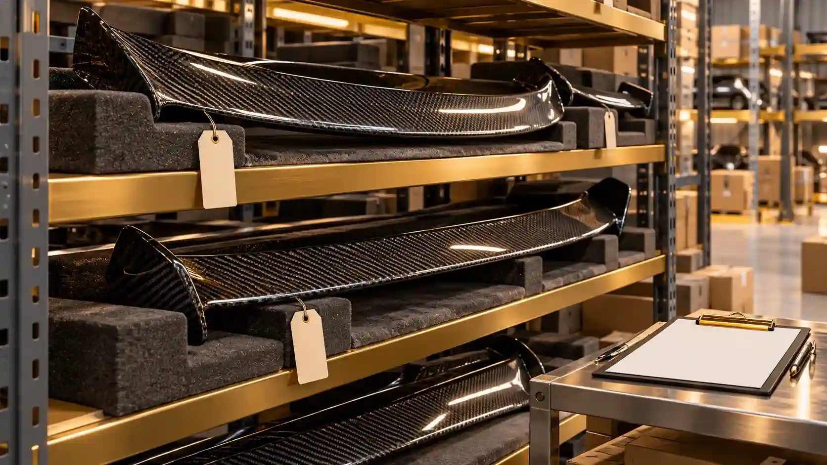 Illustration of carbon parts in padded storage beside an inventory review clipboard.