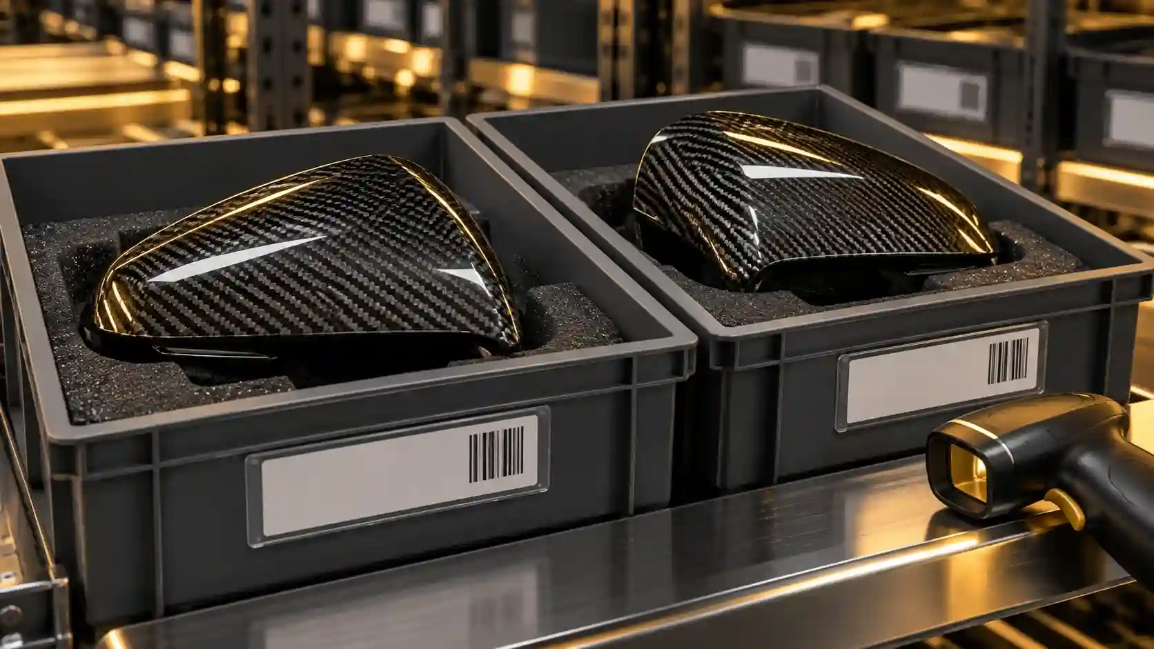 Illustration of similar carbon mirror caps in separate labeled bins beside a barcode scanner.