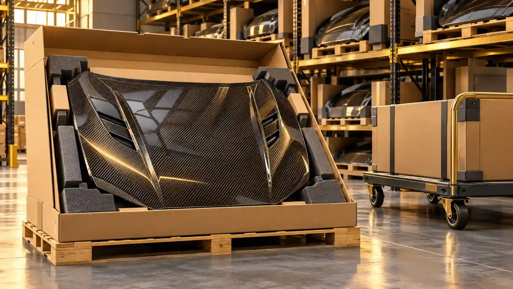 Illustration of an oversized carbon hood carton, warehouse rack and handling trolley.