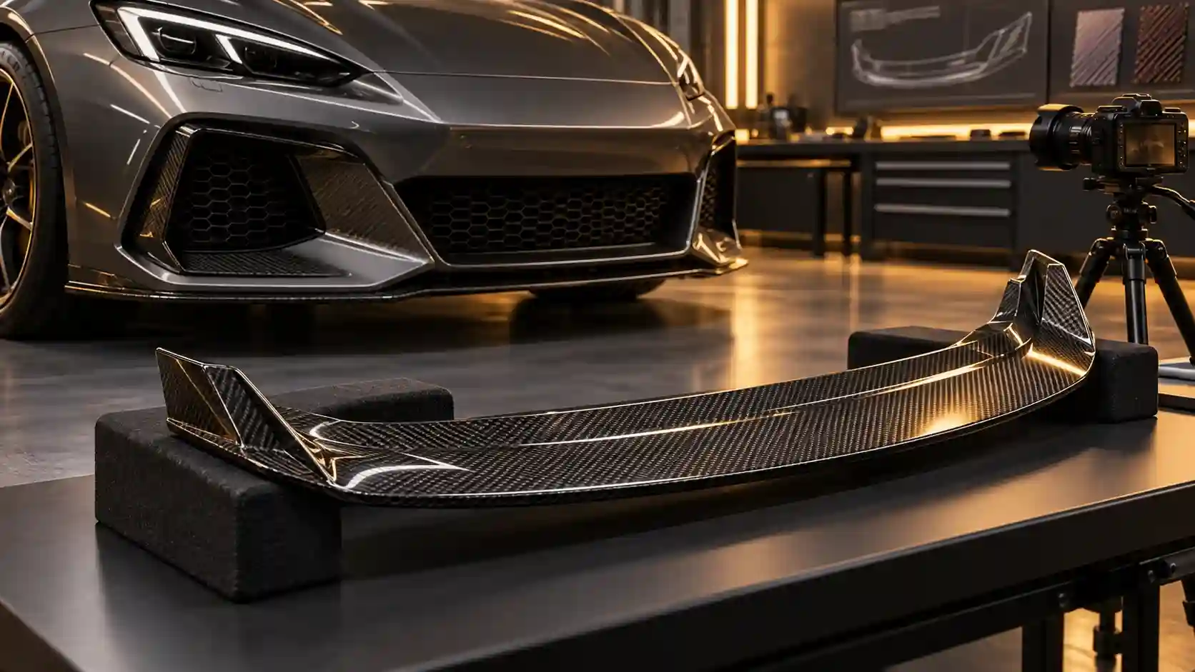 Illustration of a prototype carbon front lip beside a vehicle prepared for a fitment session.