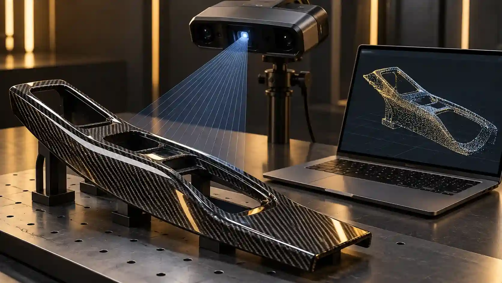 Illustration of carbon trim beside a 3D scanner and abstract point-cloud display.