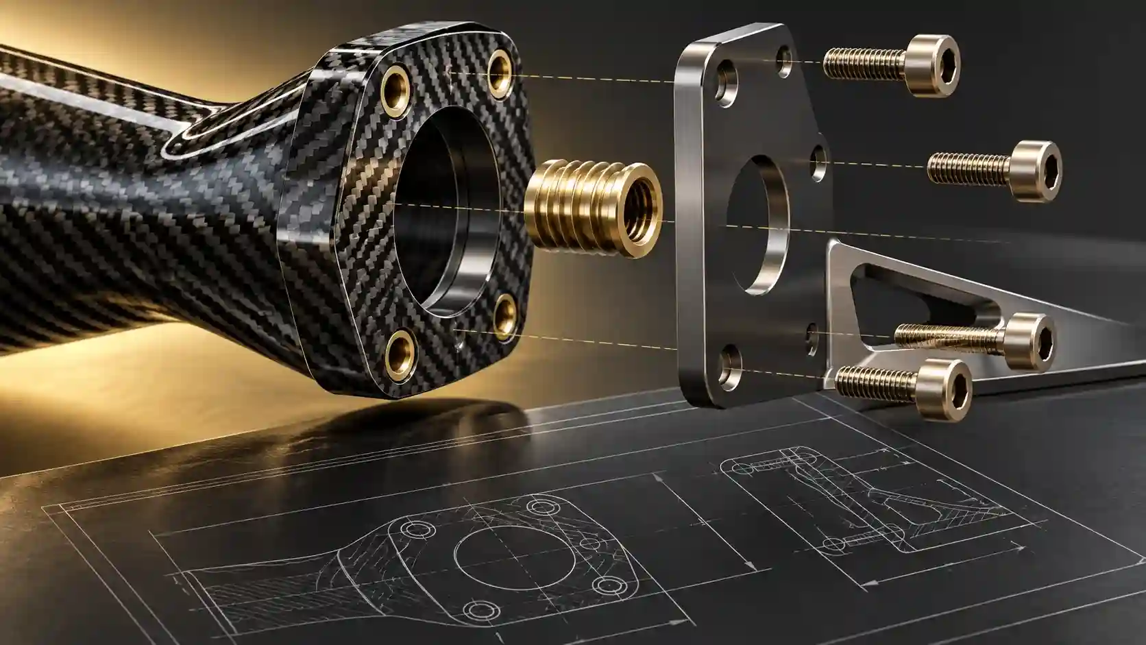 Illustration of a carbon mounting flange, threaded insert and mating bracket in an exploded concept.