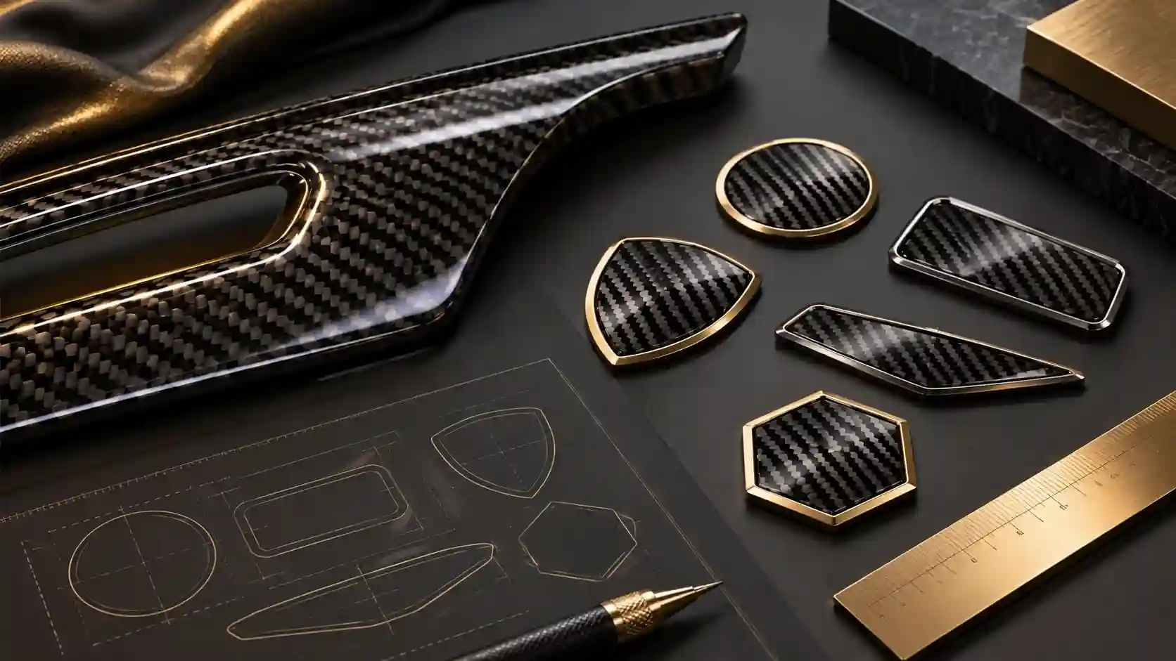 Illustration of carbon trim, blank badge samples and a positioning template.
