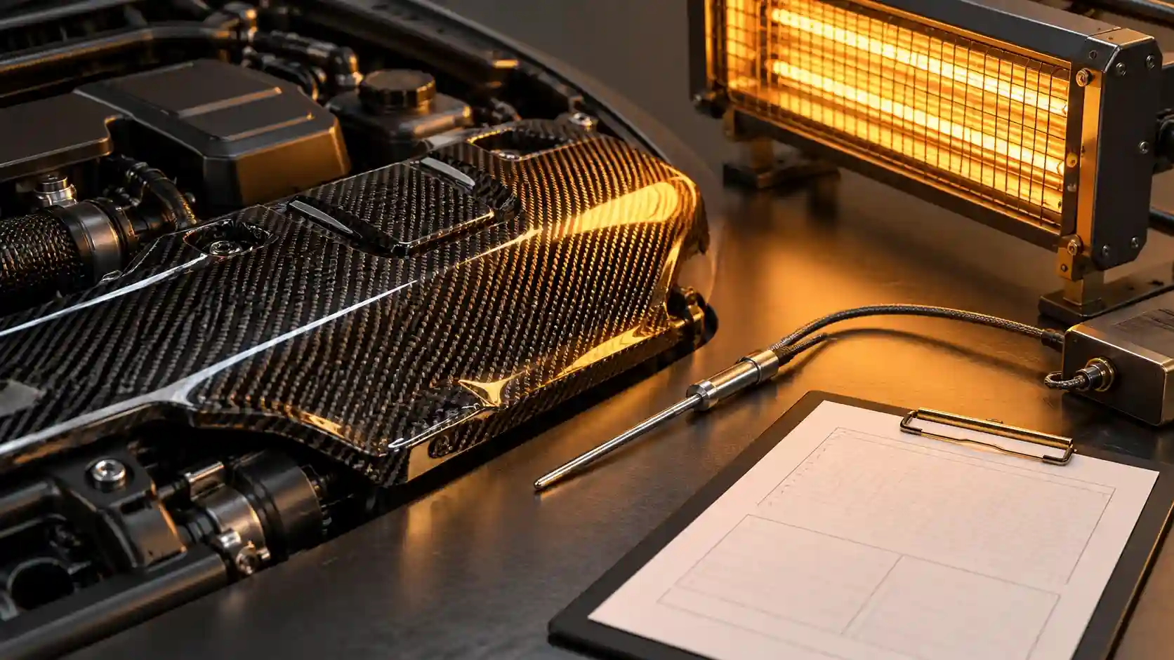 Illustration of carbon engine-bay trim beside a heat source, probe and validation worksheet.