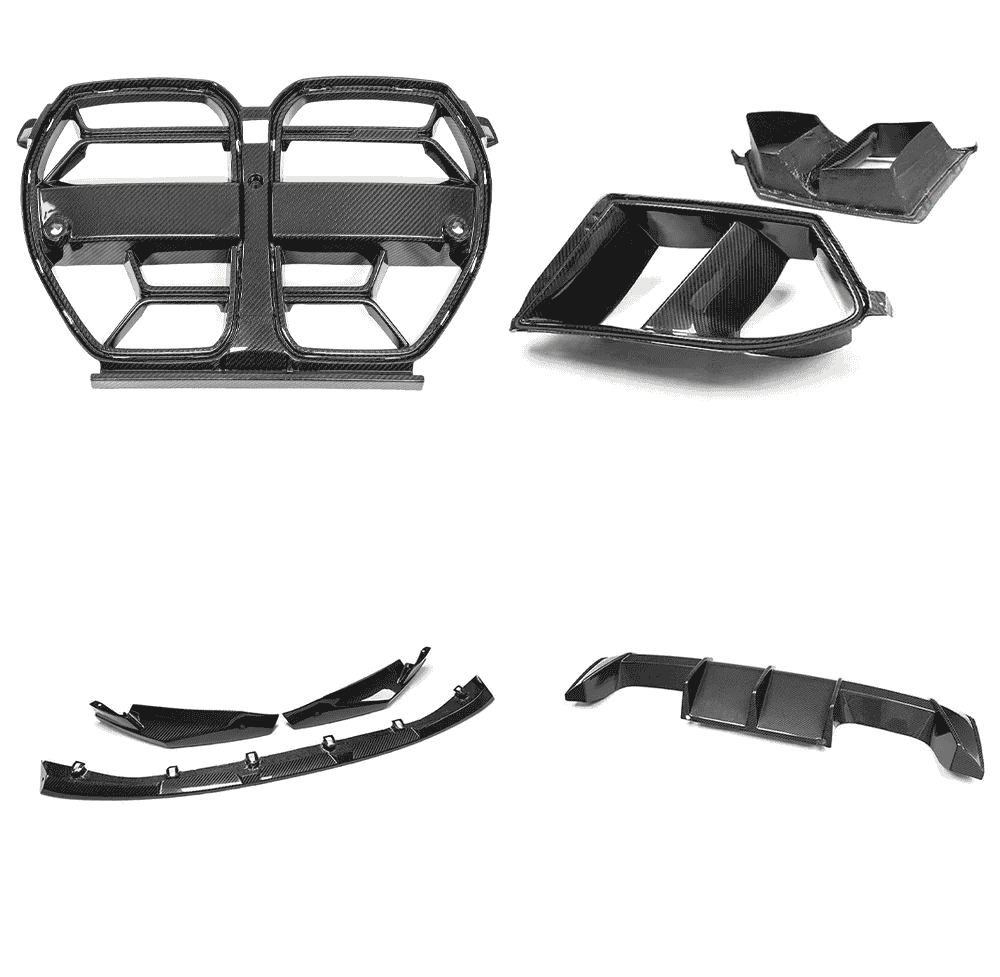 Layout of grille, vent, front lip and rear diffuser components.