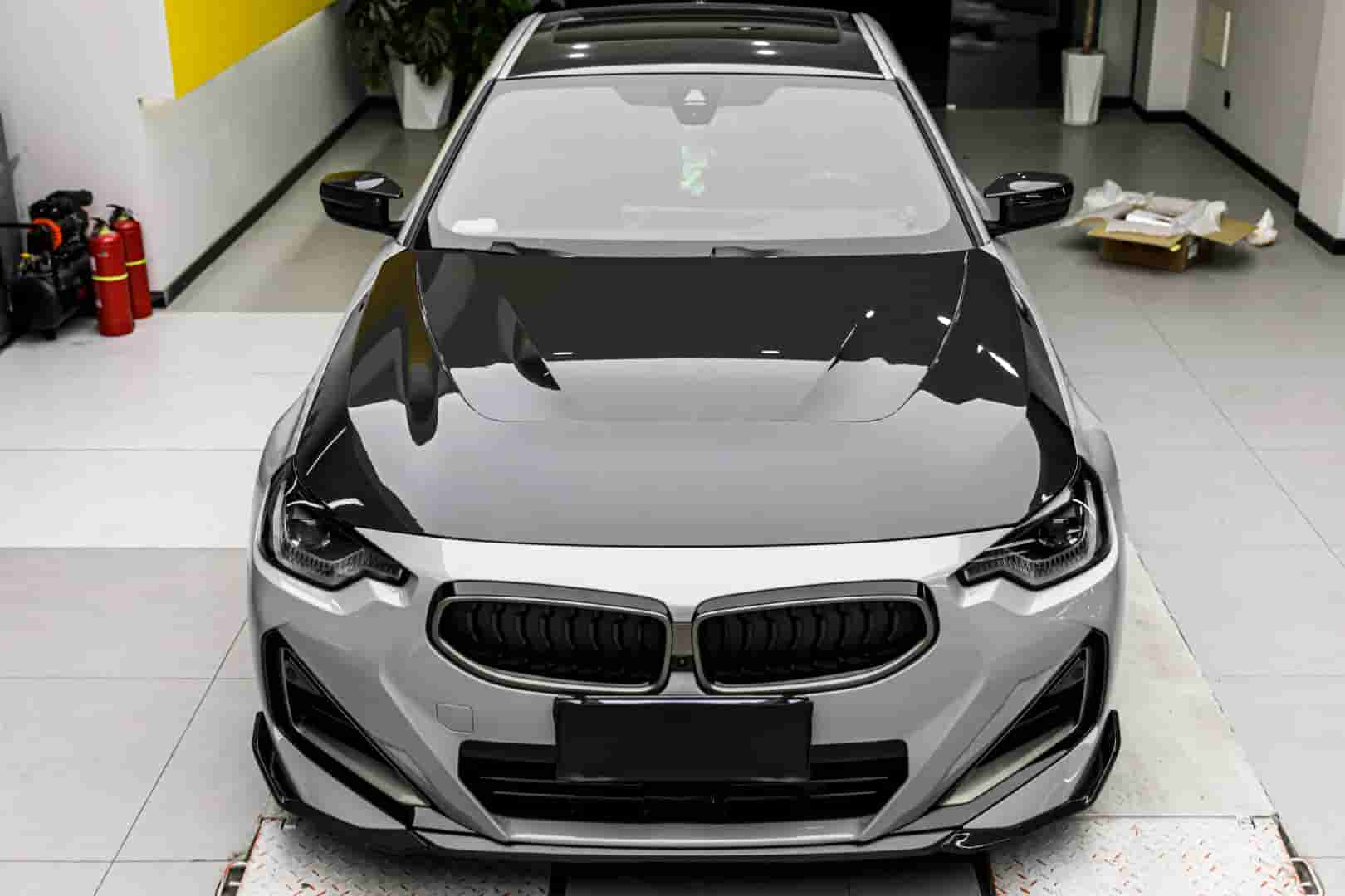 Front view of a white BMW with a dark hood.