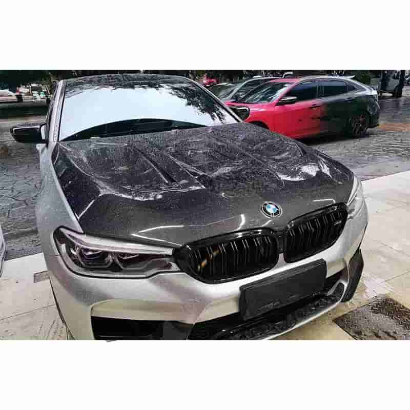 Front view of a BMW with a patterned hood.