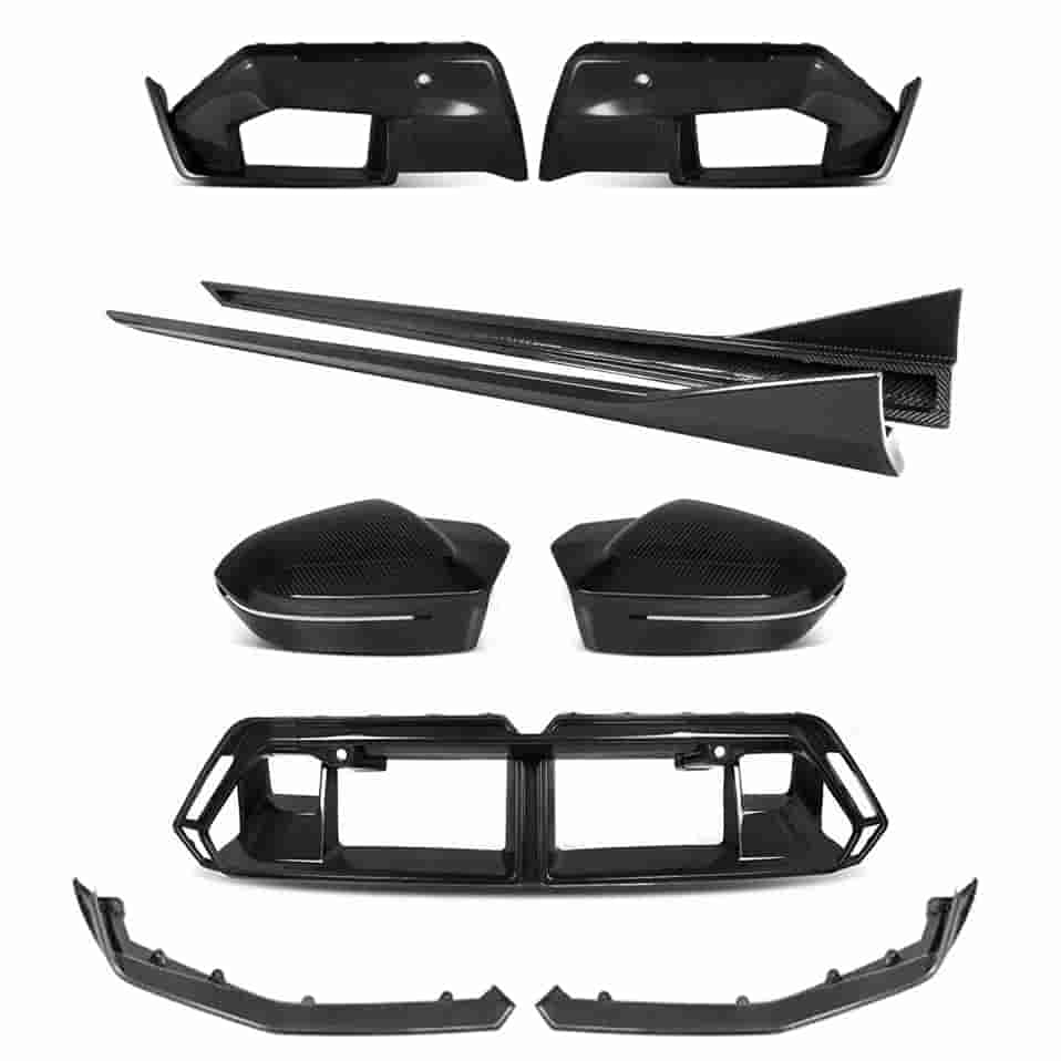 Layout of multiple exterior parts including skirts, grille and lip sections.