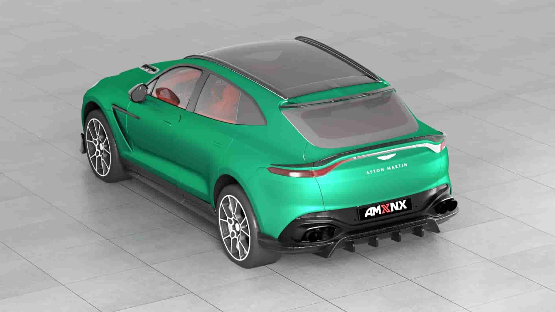 High rear-quarter styling view of a green SUV.