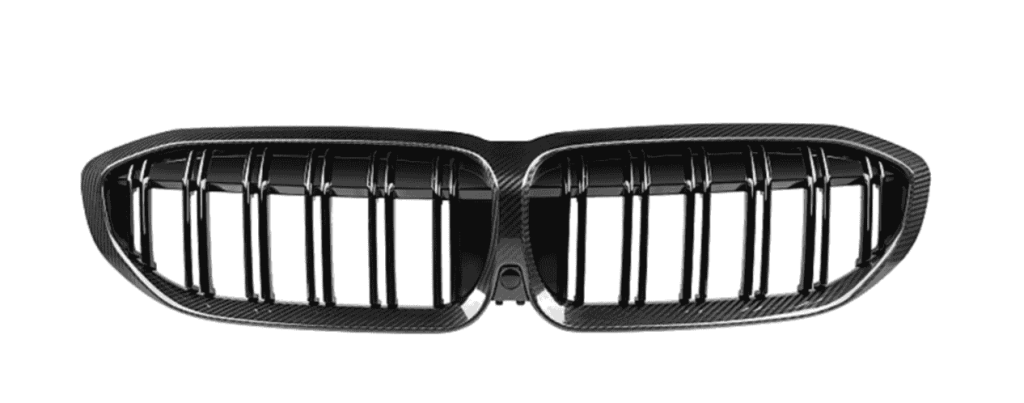 Connected black kidney grille with vertical bars.