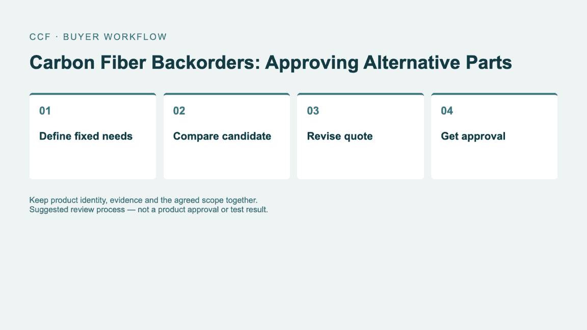 Buyer workflow: Define fixed needs, then Compare candidate, then Revise quote, then Get approval.