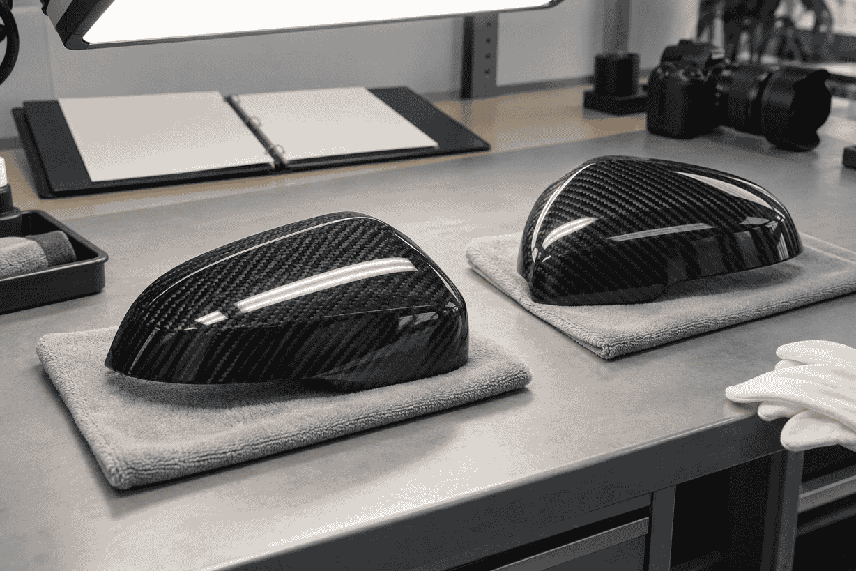 Concept of carbon mirror covers beside a reference folder under inspection lighting.