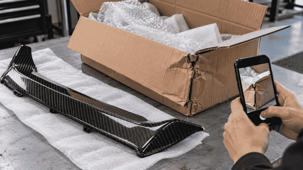 Illustration: Phone documenting a damaged carton beside a carbon trim piece.