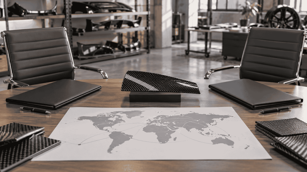 Illustration: Carbon sample and project folders on a dealer discussion table.