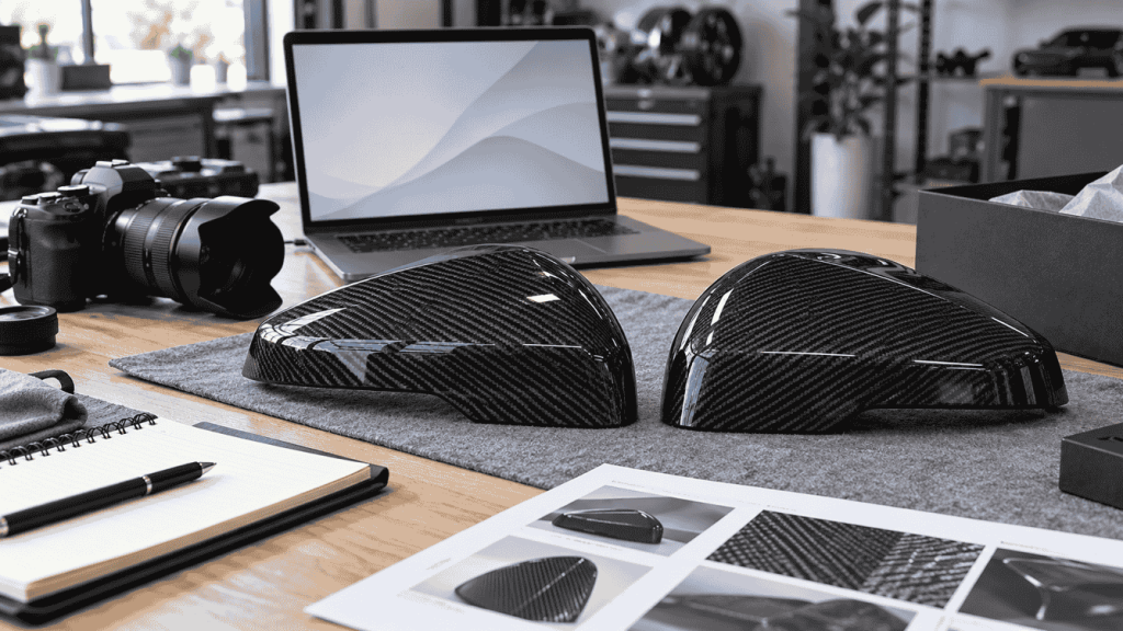 Illustration: Carbon mirror caps beside a camera and laptop for product documentation.