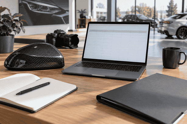 Concept of a dealer workstation with a carbon mirror cover and blank product-data grid.
