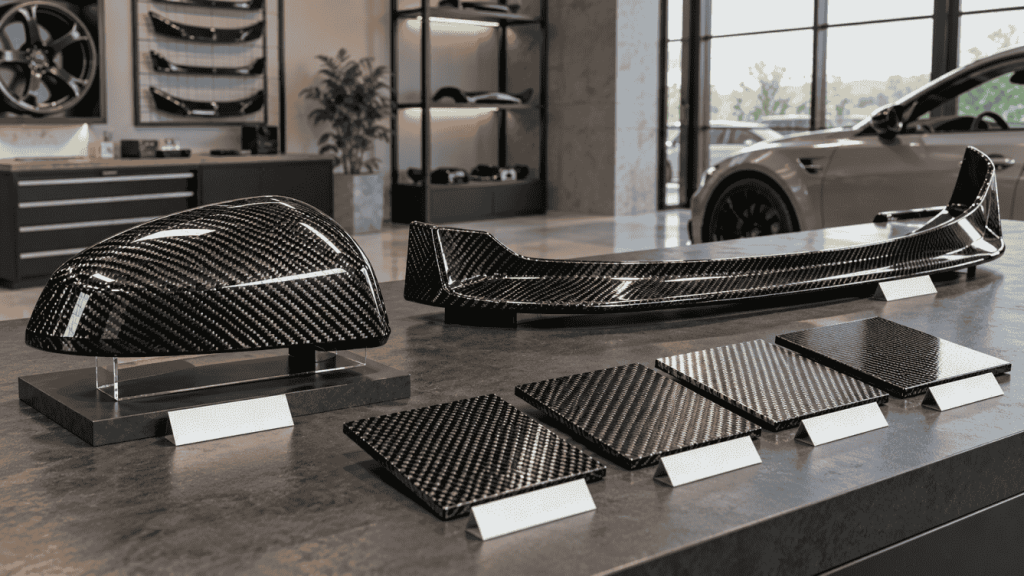 Illustration: Carbon mirror cap, lip section and material samples on a showroom display.