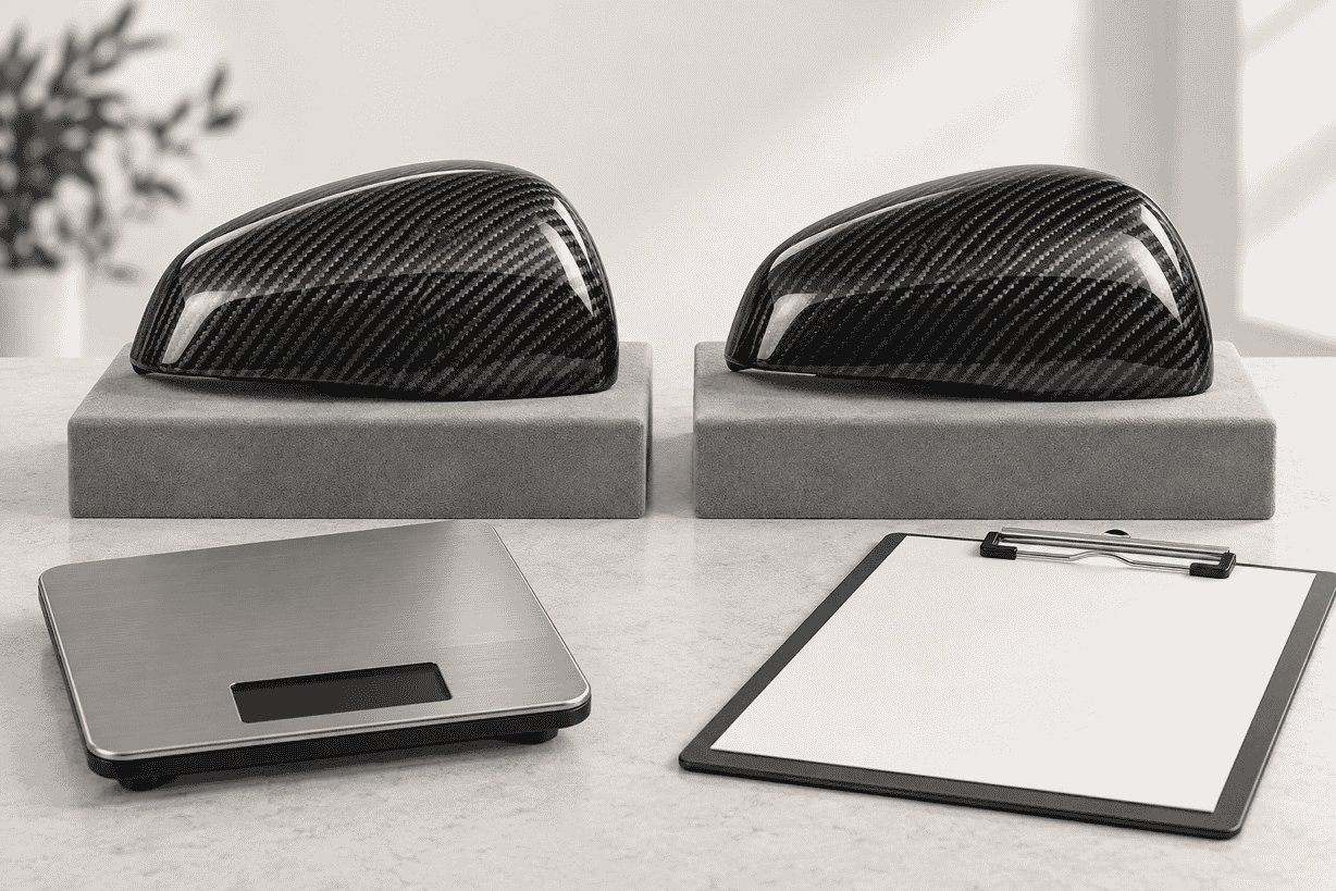 Concept comparison of two glossy carbon fiber mirror caps beside a scale with no displayed measurement.