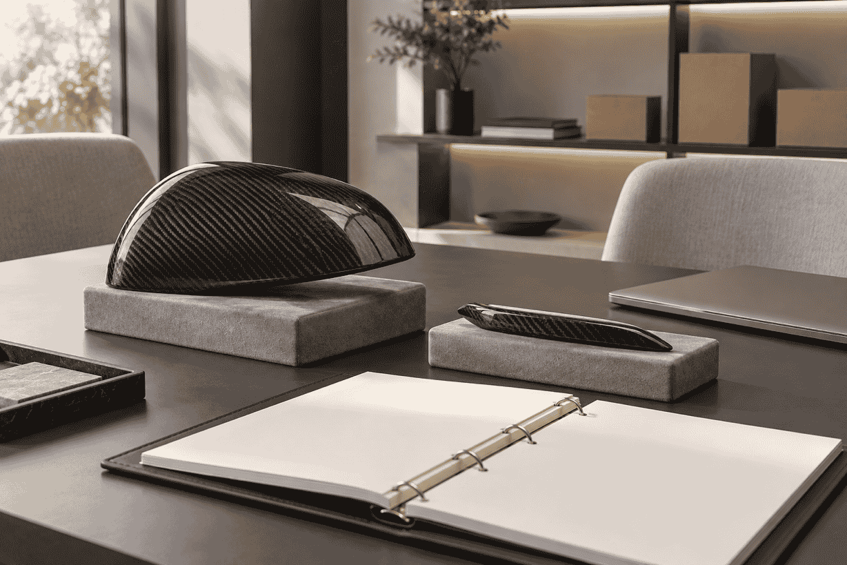 Concept of reviewing carbon fiber samples and a blank catalog at a consultation table.