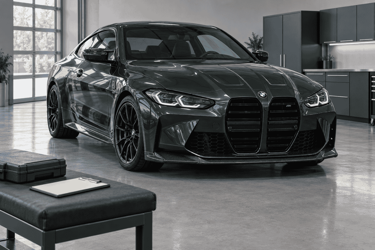 Concept of a green BMW G82 M4 with a carbon fiber front lip in a clean workshop.