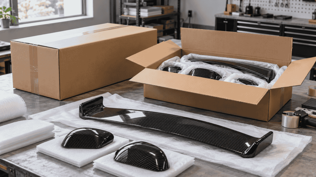 Illustration: Carbon parts beside open and sealed cartons for a split-shipping discussion.