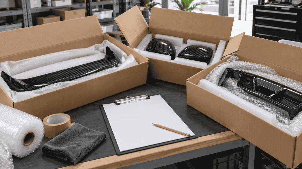 Illustration: Protected carbon parts in three cartons beside a packing checklist.