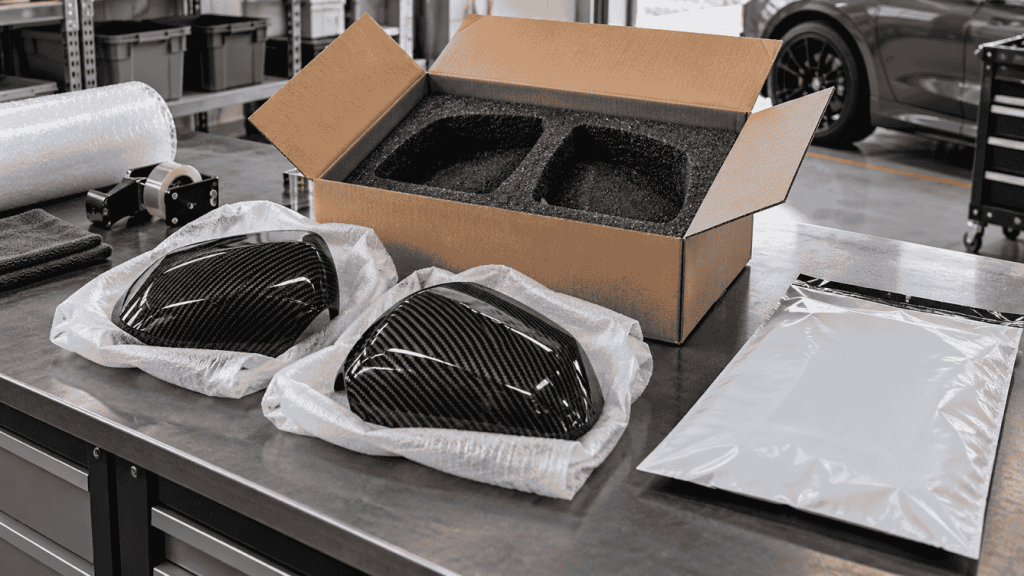 Illustration: Carbon mirror caps beside protective packing and an open shipping carton.
