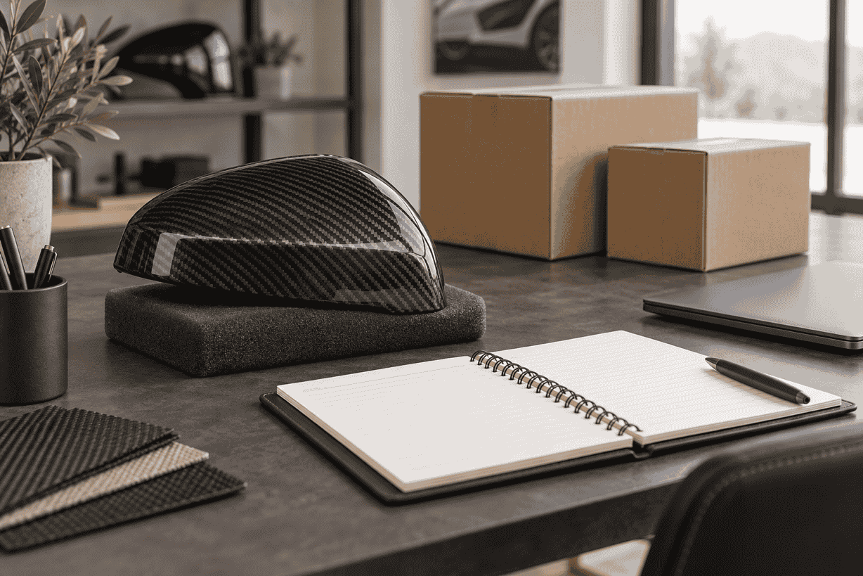 Concept of planning a carbon fiber parts delivery with a sample, blank planner and unbranded cartons.