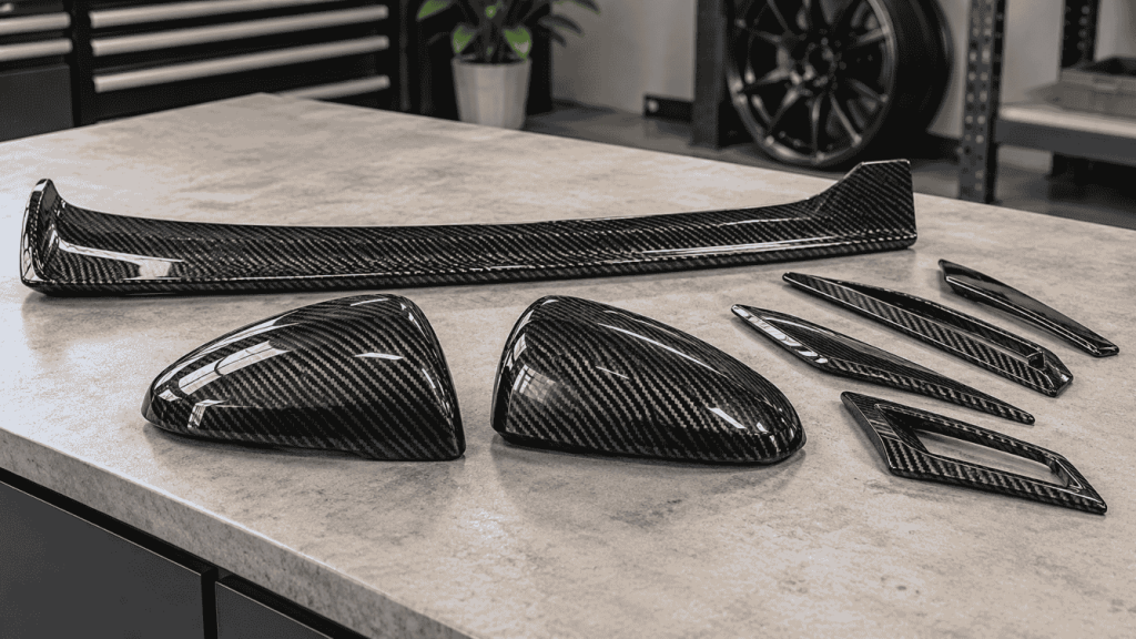 Illustration: Individual carbon piece, mirror-cap pair and grouped trim components.