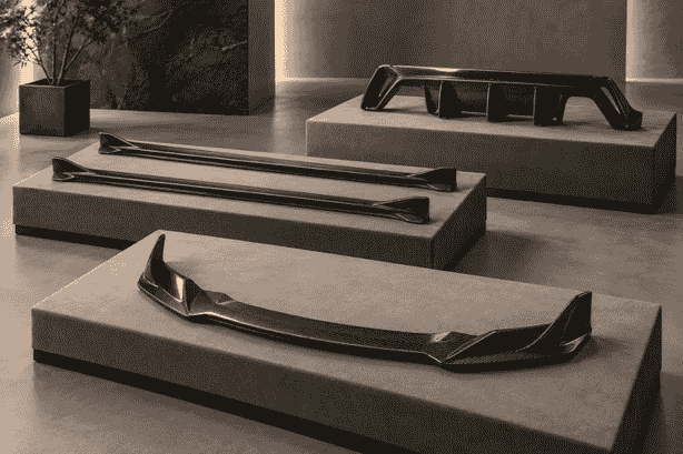 Concept of carbon front, side and rear aero parts arranged on padded display tables.