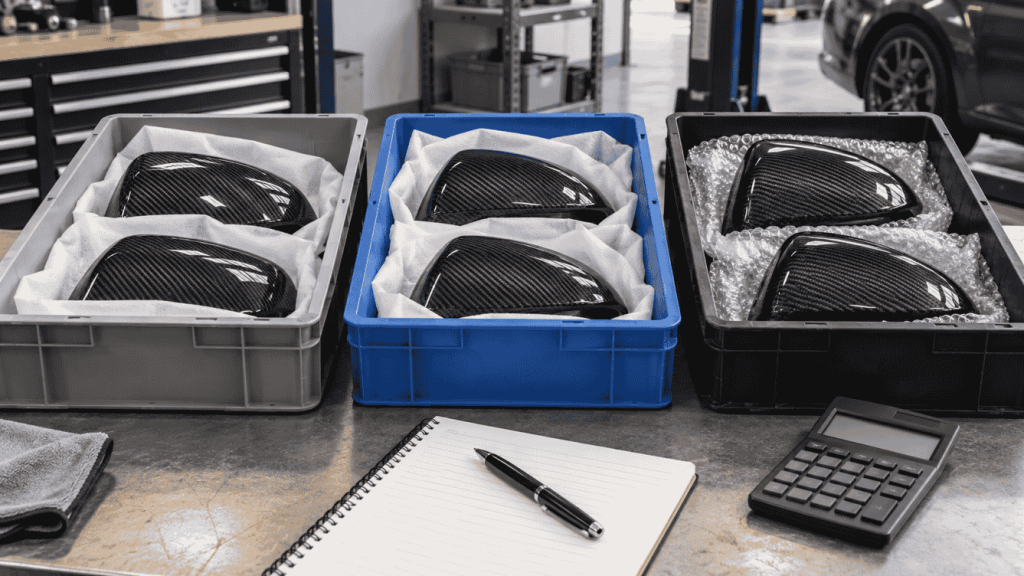 Illustration: Protected carbon mirror-cap sets in separate stock bins.