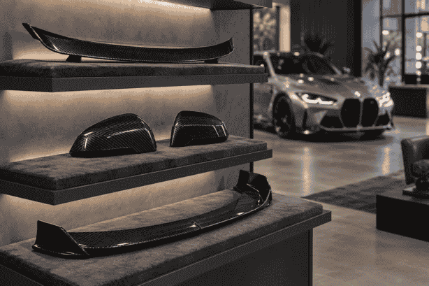 Concept of a curated carbon parts assortment in a tuning showroom.