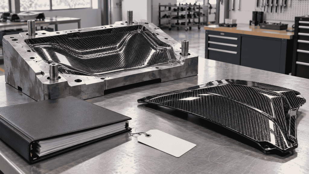 Illustration: Conceptual mold and carbon panel beside a project folder and blank tag.