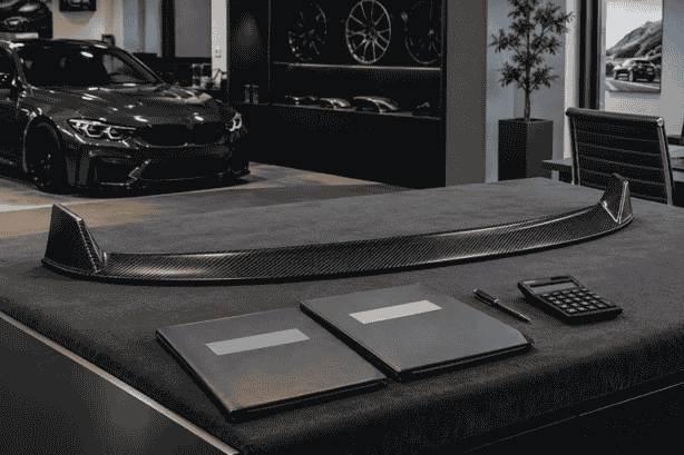 Concept of carbon parts and blank quotation folders on a workshop desk.