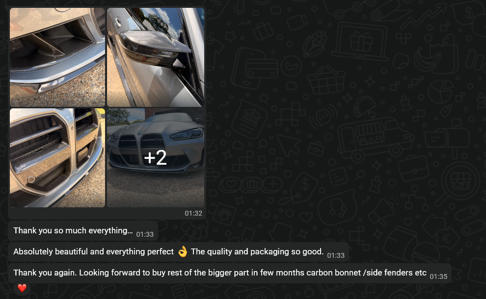 WhatsApp excerpt showing the customer's installed BMW photos and positive feedback about quality and packaging.