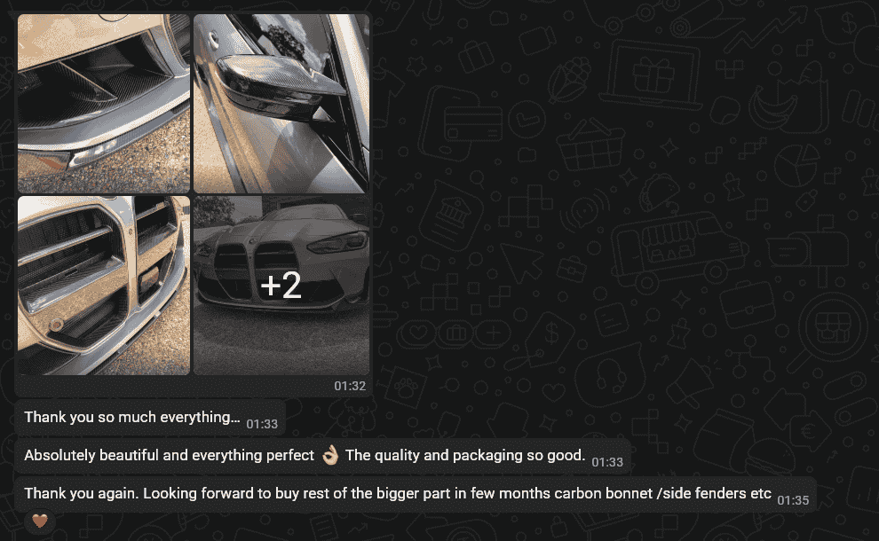 WhatsApp excerpt showing the customer's installed BMW photos and positive feedback about quality and packaging.