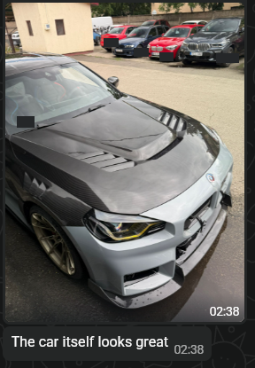 WhatsApp excerpt pairing a silver BMW build photo with the message The car itself looks great.