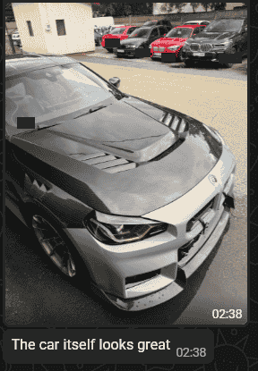 WhatsApp excerpt pairing a silver BMW build photo with the message The car itself looks great.