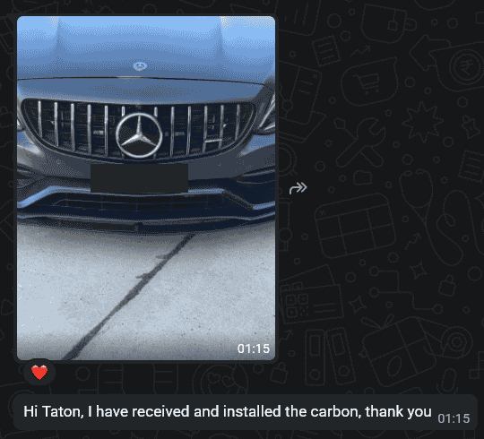WhatsApp excerpt with a Mercedes-Benz front-view photo and a customer message confirming receipt and installation.