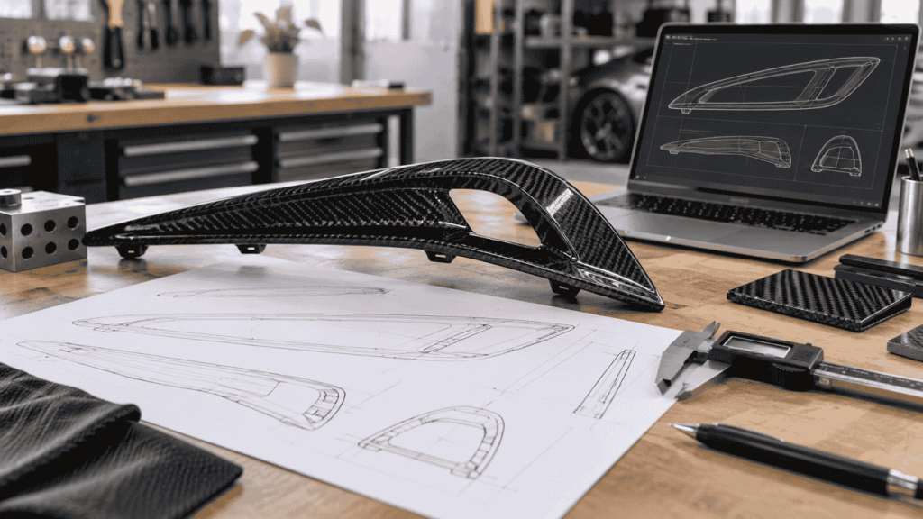 Illustration: Carbon prototype beside drawings and a laptop with conceptual CAD geometry.