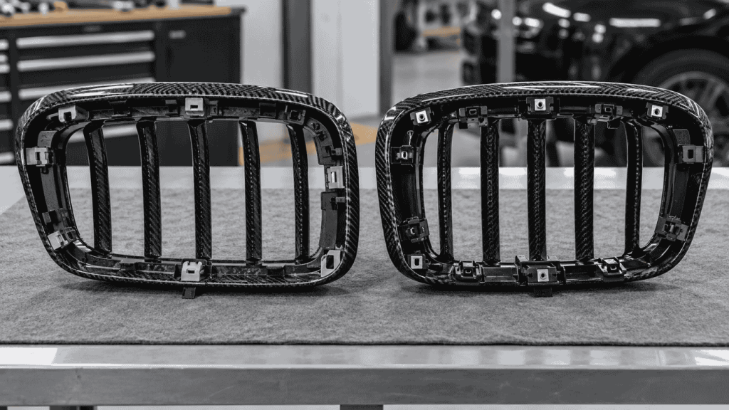 Illustration: Two conceptual carbon grille frames showing rear attachment details.