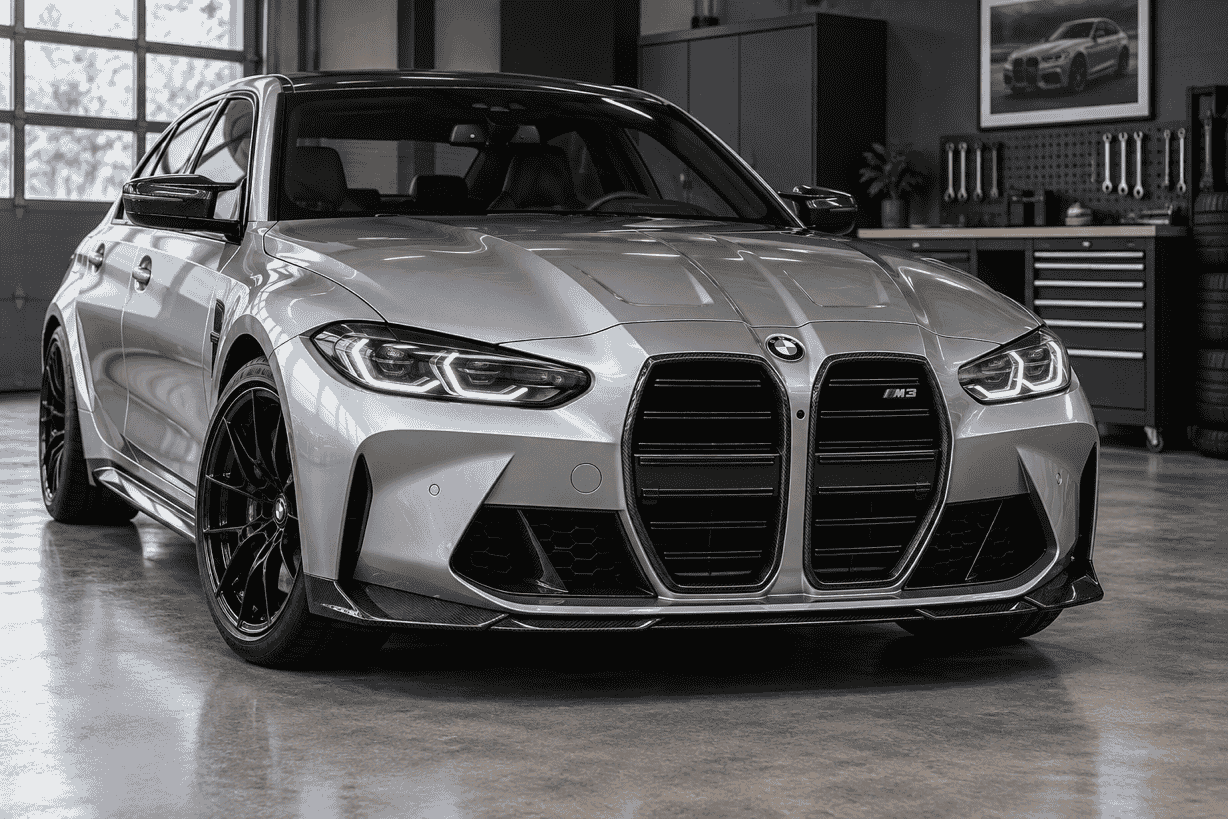 Styling illustration of a silver BMW G80 M3 with carbon-effect grille surrounds.